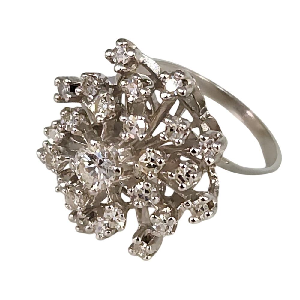 14k White Gold Diamond Cluster Cocktail Ring Size 6.5 vintage Floral Design
